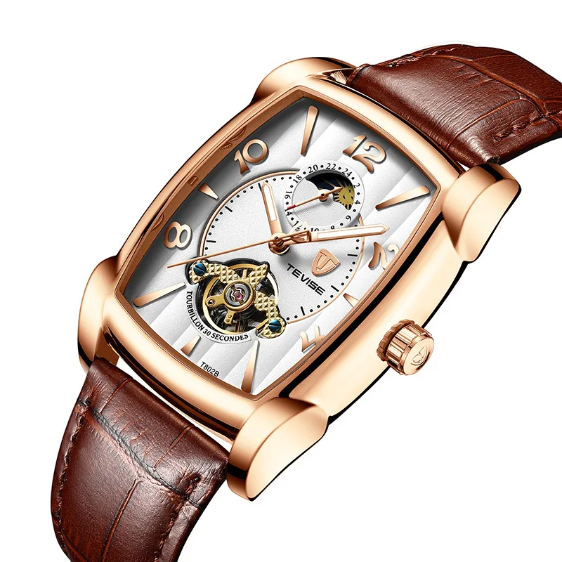 TEVISE T802B Men Watches Moon Phase Tourbillon Rectangle Wristwatch Mens Waterproof Luminous Automatic Mechanical Leather Clock