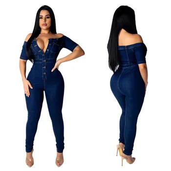 

Zip Sexy Slash Neck Denim Jumpsuit Long Women Rompers Bodycon Summer Jeans Overalls Casual Fashion Off Shoulder Party Club Wear