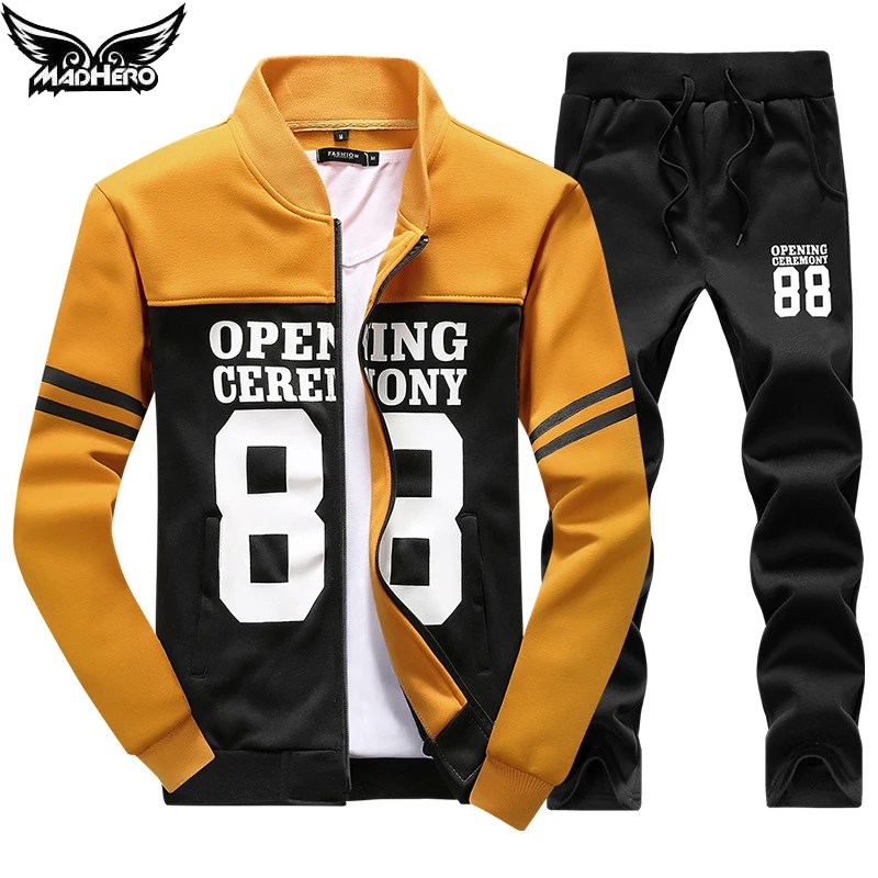 

High Quality Men's Sports Suit Pattern Zipper Coat + Pants 2 Pieces M-4XL Baseball Jackets Sport Tracksuit Running Set Male