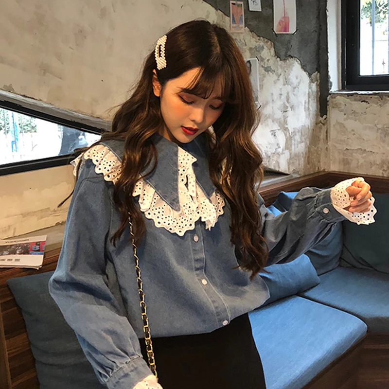 Blusas mujer de moda 2018 на осень-зиму harajuku милый Питер Пэн воротник свободные джинсовые
