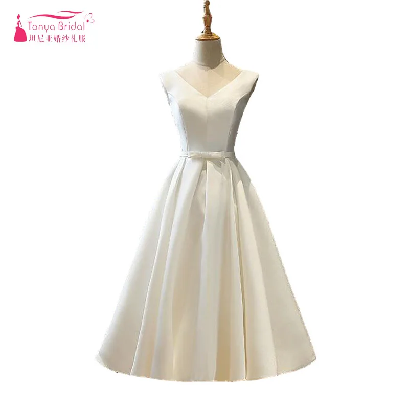 Simple Satin Wedding Dresses 2018 Beach Tea Length Bridal Gelinlik