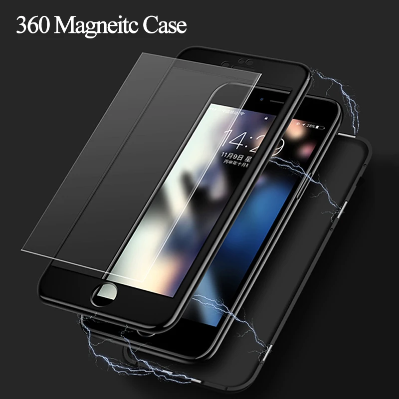 

Magnetic Adsorption Case For iPhone XS Max XR X 8 7 6 6S Plus Tempered Glass Cover 360 Full Body Phone Cases + Screen Protector