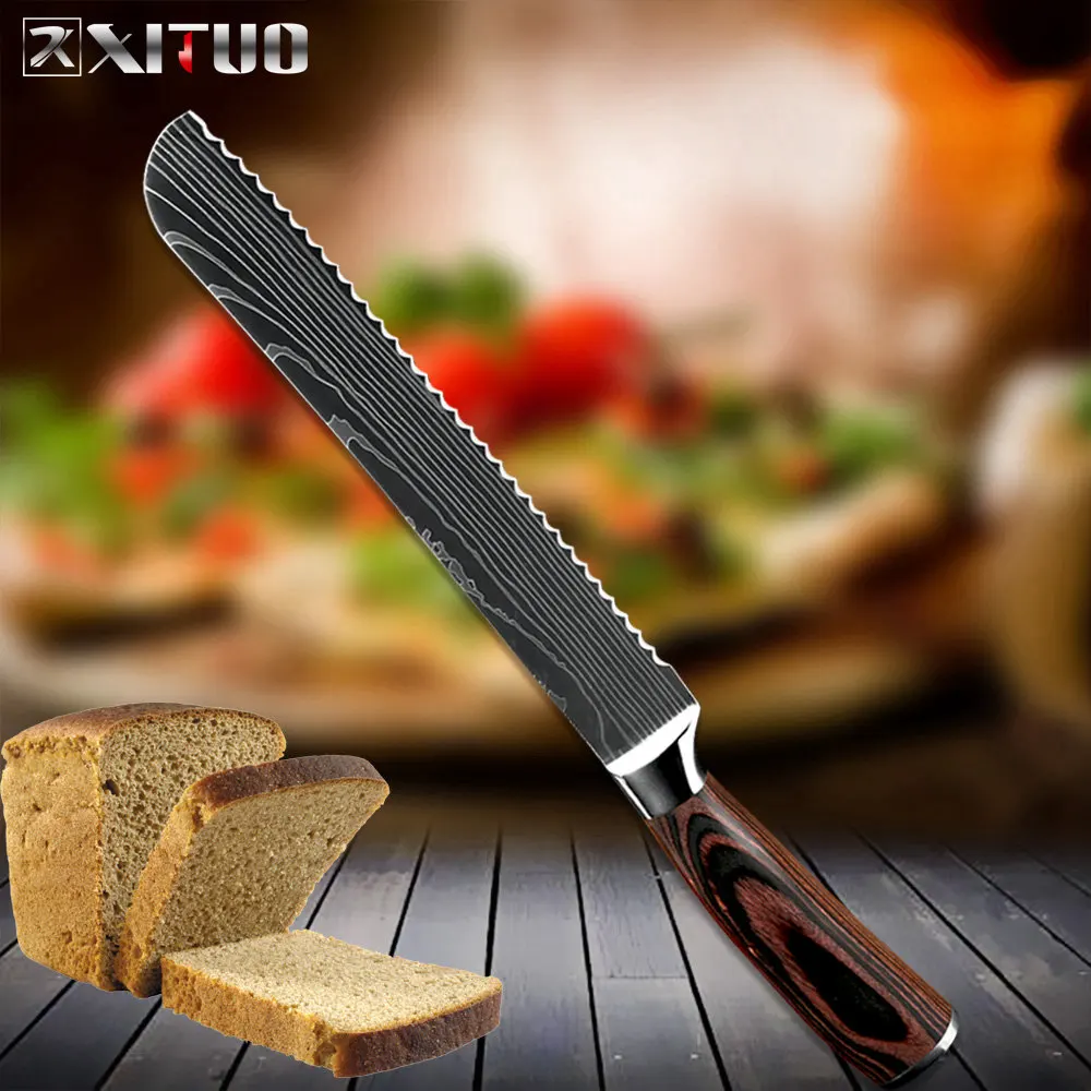 XITUO" 8" " 5" 3," дюймов Набор ножей шеф-повара для нарезки овощей хлеба Santoku ножи для очистки овощей 6 шт. кухонный нож Мясник инструменты дерево - Цвет: 9 in bread knife