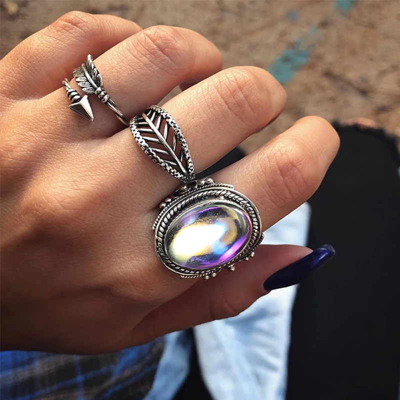 

3 Pcs/ Set Bohemian Hollow Arrow Leaf Gems Geometry Opening Silver Ring Set Women Personality Fashion Party Jewelry