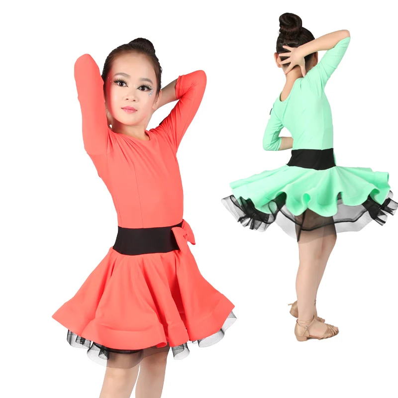 

Professional Spandex Latin Dance Dress Girls Children Kids 3/4 Long Sleeve Ballroom Dance Wear Slim