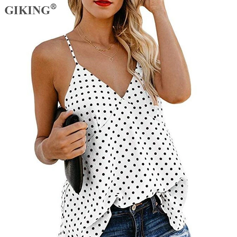 

GIKING Polka Dot Print Summer Tank Camis Women Sexy V-neck Boho Loose Tops Backless Female 2019 Casual Tanks Office Lady Tops