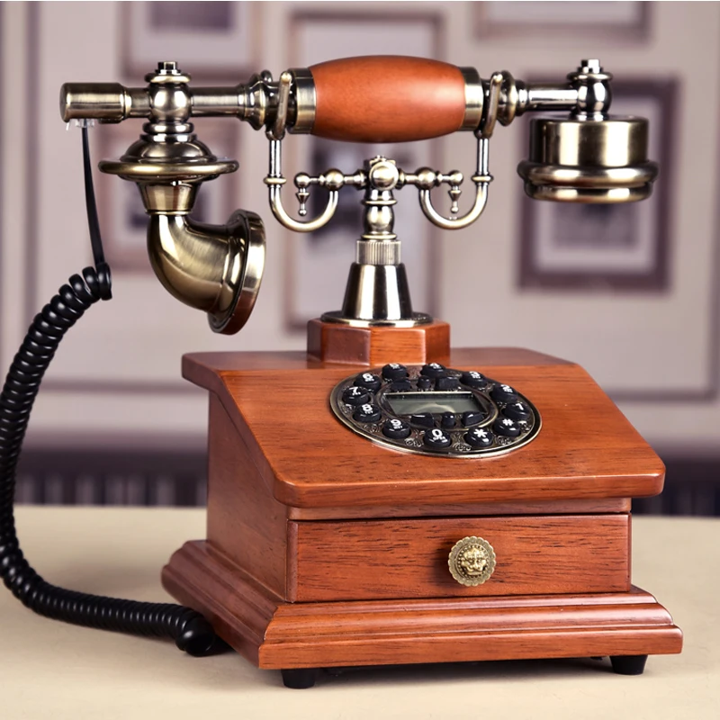 خمر الهاتف العتيقة الخشب الحقيقي الثابت مع معاودة الاتصال معرف هاتف المنزل telefone مع زهرة rd مربع درج