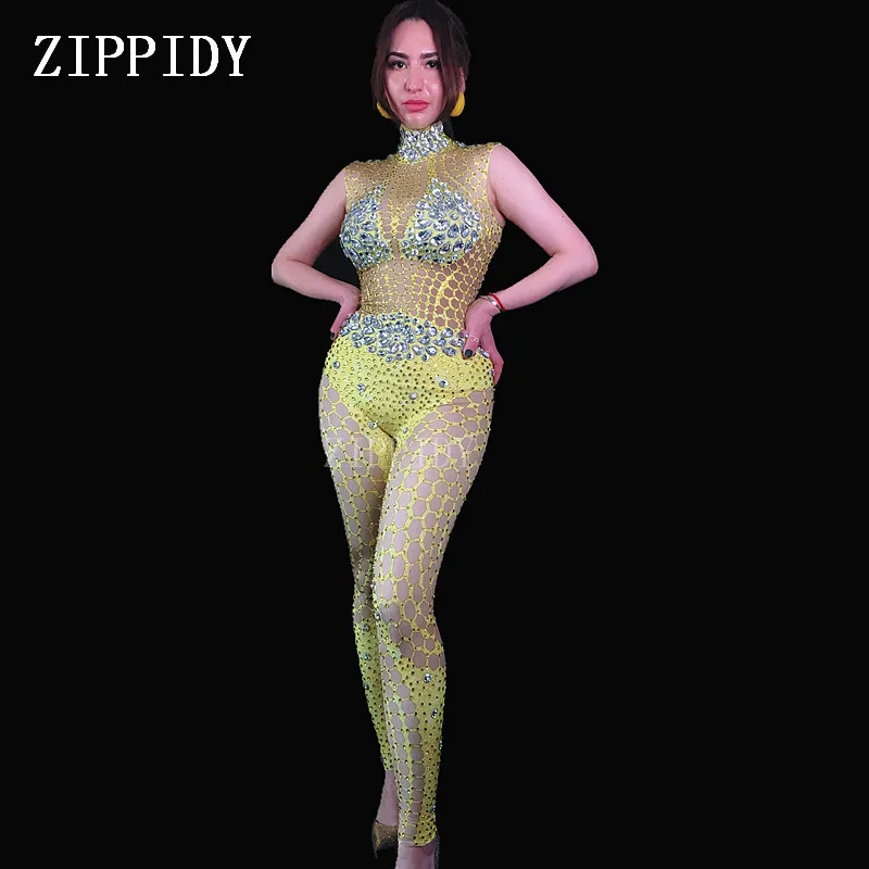 

Желтый, серебряный, камни, спандекс, сексуальный комбинезон для женщин, для празднования дня рождения, боди для певицы, танцовщицы, одежда, вечерний наряд
