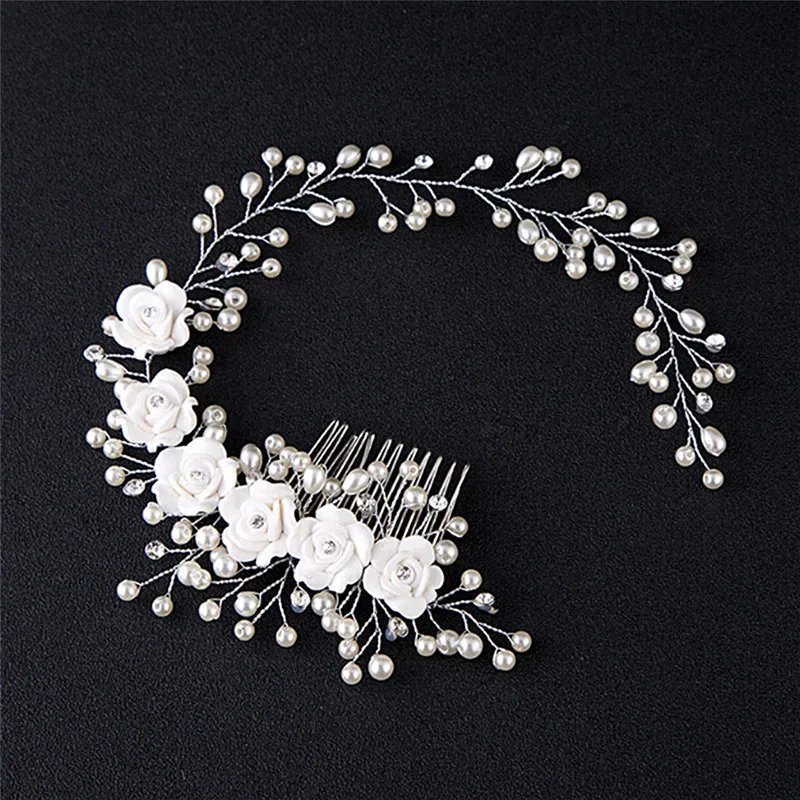 

Wedding Hair Jewelry For Bridal Pure White Flowers Pearl Hair Comb Lengthen Headdress Hand Made Women Hair Accessories Luxury