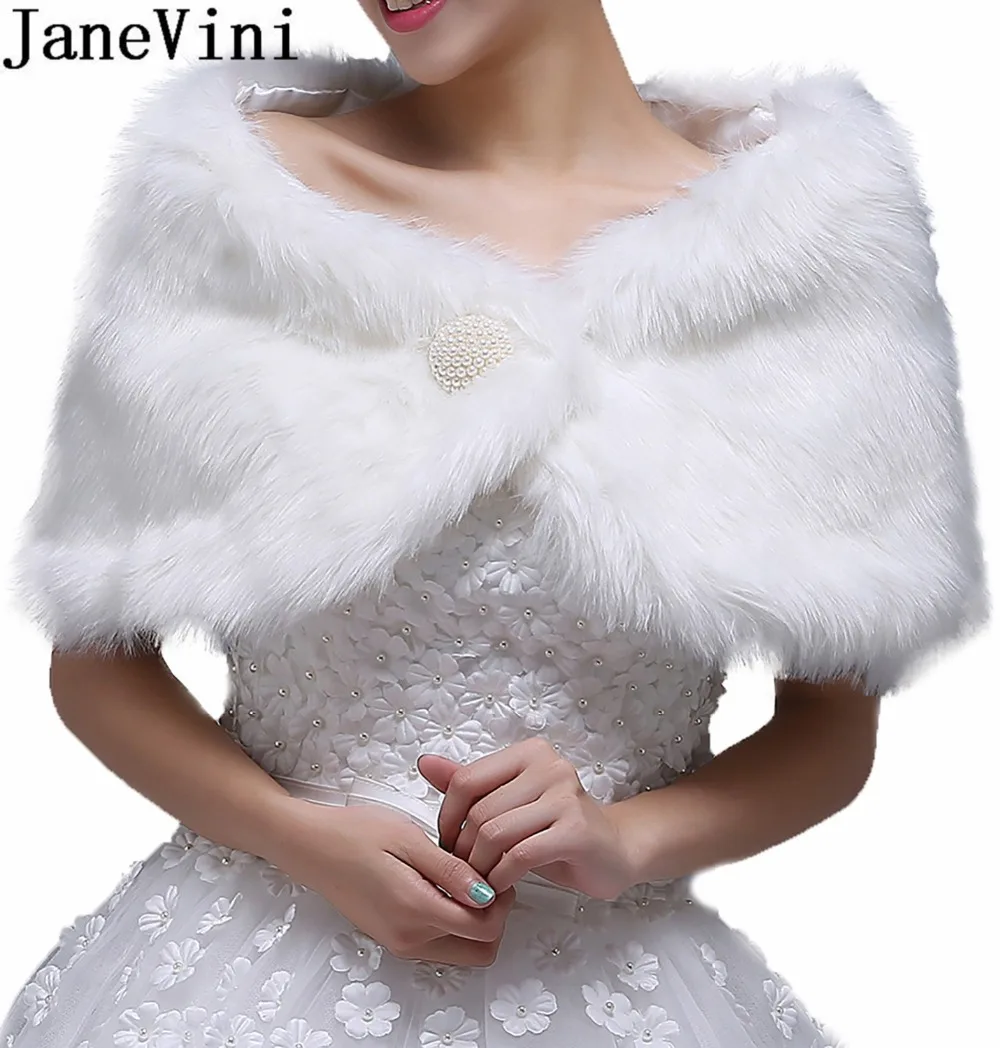 

JaneVini 2018 Cheap White Cape Bridal Fur Shawls and Wraps Women Bolero Winter Warm Short Coat Jacket Stoles Wedding Accessories