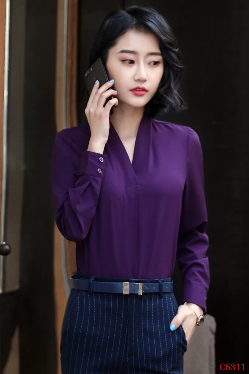 Весенне-осенние модные рубашки для женщин, офисные блузки фиолетового цвета с длинным рукавом, повседневные женские офисные блузки и топы для женщин