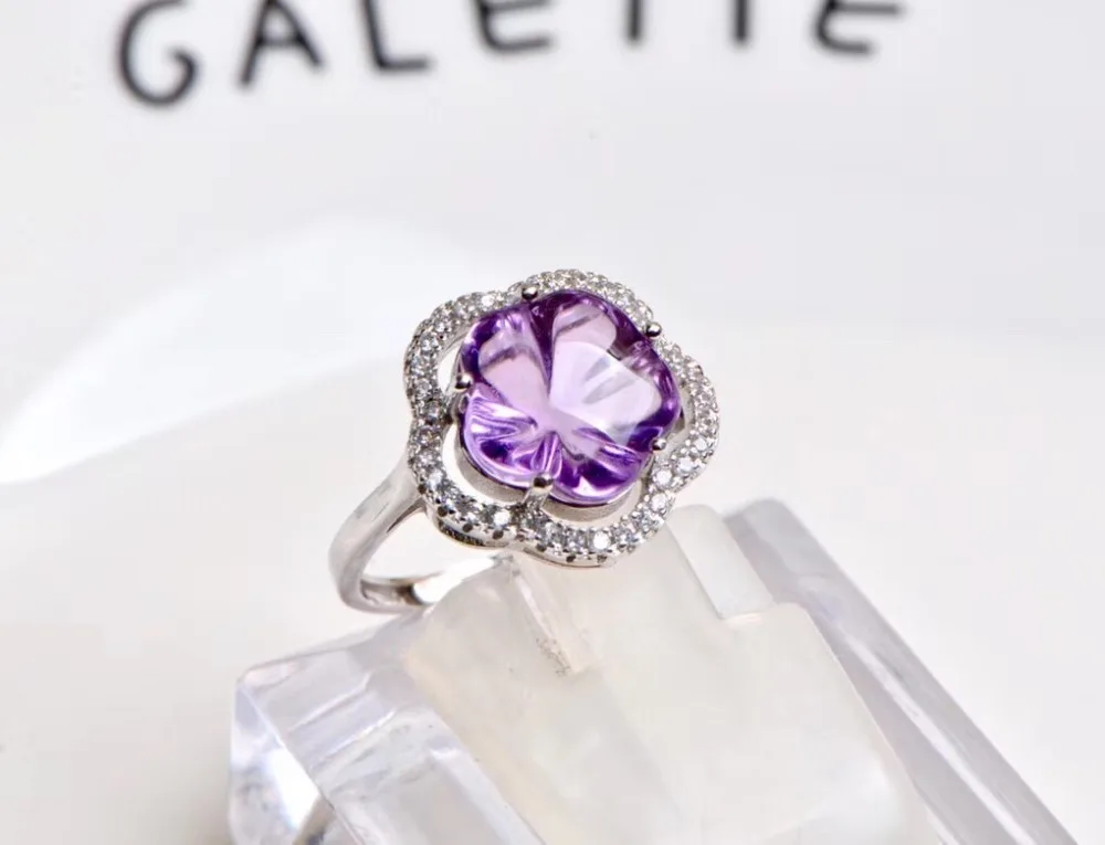 

Trendy 2019 Natural Amethyst Ring 11x11mm Bead Flower Shape 925 Silver Sterling Woman Man Luxury Anniversary Adjustable Ring