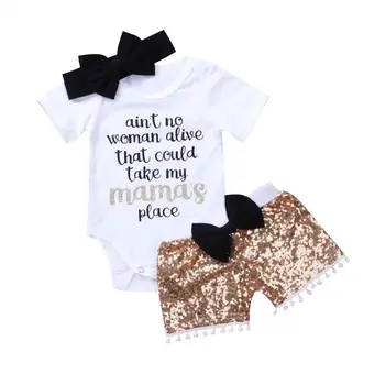 

Infant Baby Girl Boy Mamas Place Romper Short Set Cotton Letter Print Tops Sequins Bottoms Pants Outfits Set