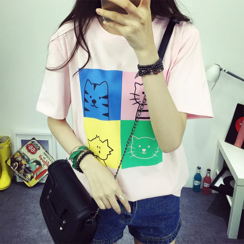 Harajuku Новая женская футболка Kawaii с рисунком кошки летняя коротким рукавом для