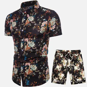 

Chinese Style Floral Print Mens 2 Piece Set Slim Short Sleeve Bottons Elastic Suits 2019 Summer Male Casual Set Clothes Plus 5XL
