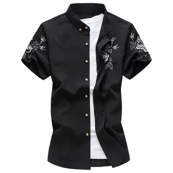 

Chinese style pure cotton men short-sleeved shirt / floral embroidery solid color lapel business casual Plus size 7XL male shirt