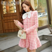 dabuwawa 2016 high quality winter ruffles bow fashion runway new slim middle long bow coat pink coat
