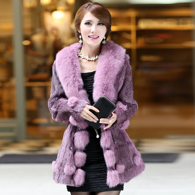 TopFurMall) женское подлинное пальто из натурального кроличьего меха, куртка с воротником из лисьего меха, зимнее женское меховое пальто размера плюс 3XL 4XL 1025
