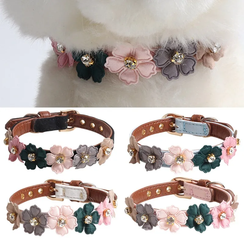 

Flower Dog Collar Cute Leather Studded Dogs Necklaces Pet Collars For Small Medium Dogs Pink/Black/Red Colors For Chihuahua