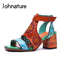 Обувь из натуральной кожи; женские сандалии; повседневная обувь с пряжкой на ремешке и геометрическим узором в стиле ретро; Летняя женская обувь в национальном стиле с цветочным узором