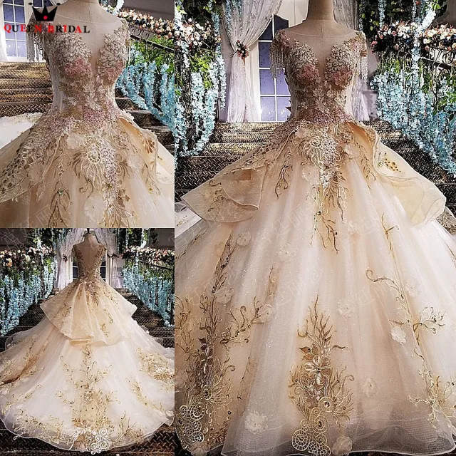 Fluffy Ball Gown Lace Beaded Flowers Luxury Evening Dresses Prom Dress ...