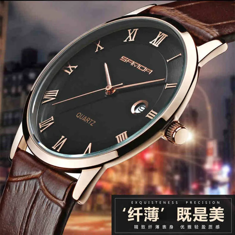 7mm Super Slim Quartz Casual Wristwatch Business Japan SANDA Brand Genuine Leather Analog Quartz Watch Men