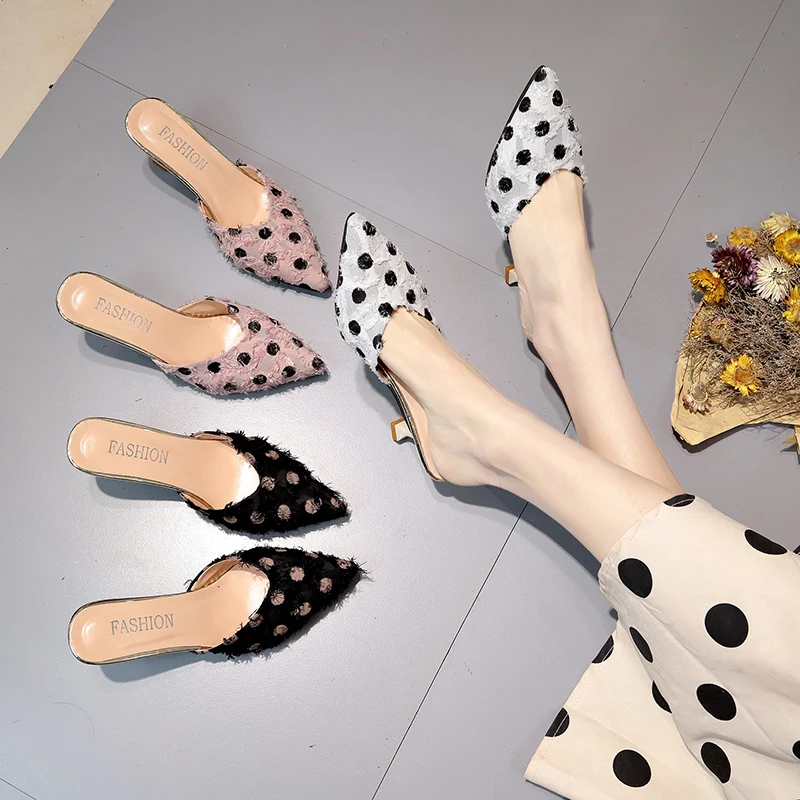 

2019 Slippers Women Sandals Polka Dot Pointed Toe zipper With Lazy Cool High Strange Style Ladies Shoes mules sabot talons hauts