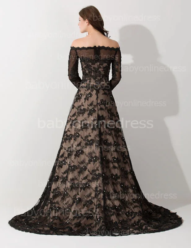 Middle East Black Lace Muslim Arabic Evening Dress Long Sleeve Boat Neck Kaftan Dubai Evening Gown with Train Robe de Soiree Middle East Black Lace Muslim Arabic Evening Dress Long Sleeve Boat Neck Kaftan Dubai Evening Gown with Train Robe de Soiree