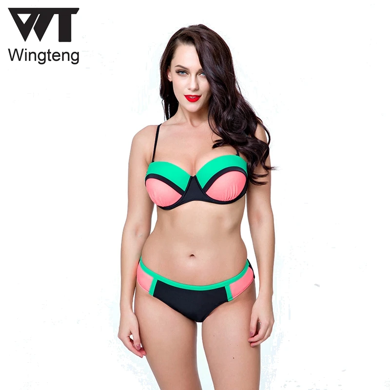 

Wingteng 2017 push up Bikini Set Patchwork plus size 6XL Swimwear Female Large cup Bathing Suit Halter Swimsuit Women Beach wear