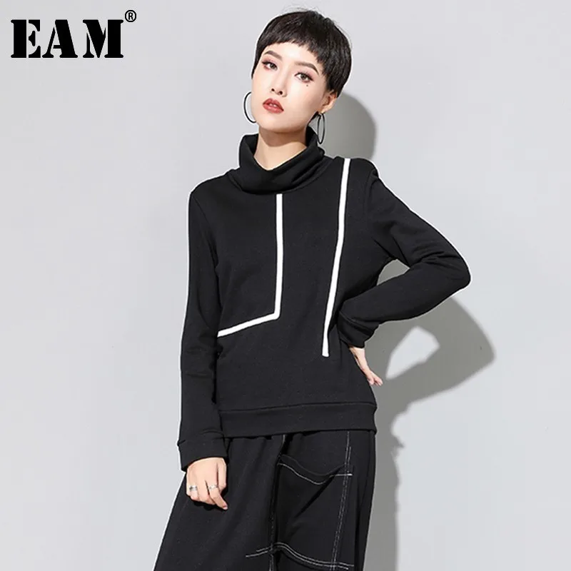 

[EAM] 2019 New Autumn Winter High Collar Long Sleeve Brief Black Loose Line Split Joint Loose T-shirt Women Fashion Tide JL23