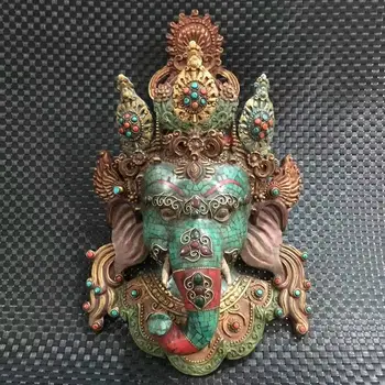 

wedding decoration Antique Tibet bronze Turquoise Inlay statue Elephant god Geneisha Mask