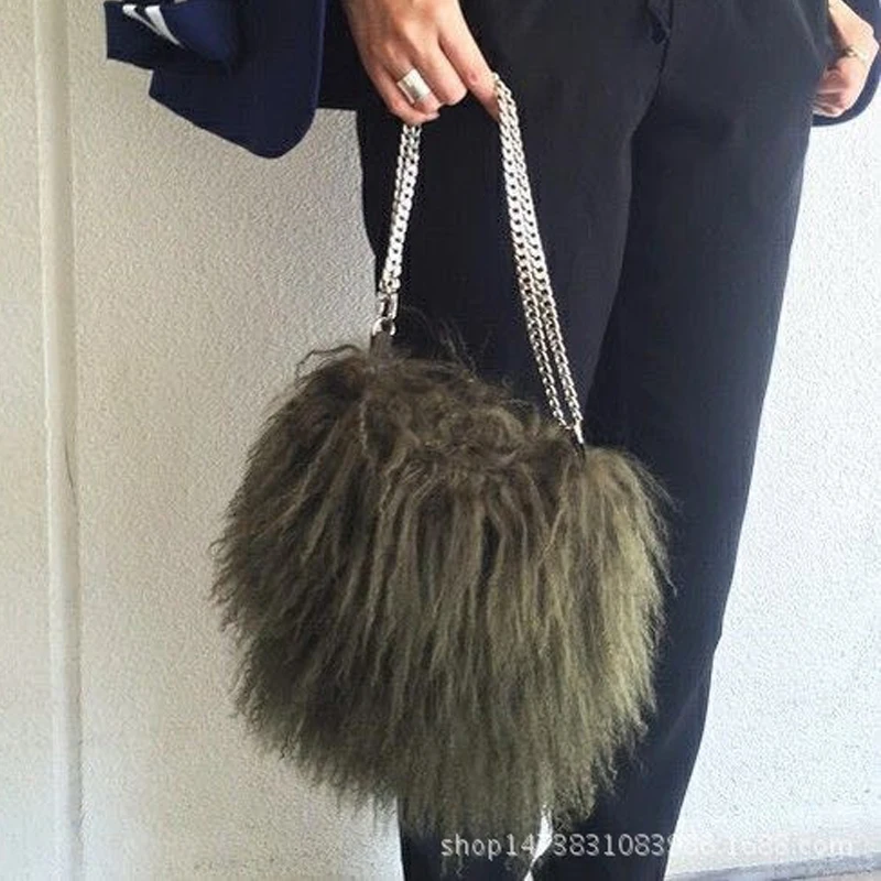 

YESIKIMI Sweet Pink Soft Real Fur Handbags Small Chain Shoulder Bag Winter Warm Beach Wool Purse gift for Christmas