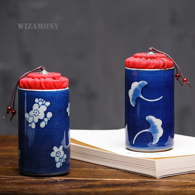 

Promotion!!!WIZAMONY chinese white and blue tea caddy crackle glaze canister container for puer tea little tea storage chests