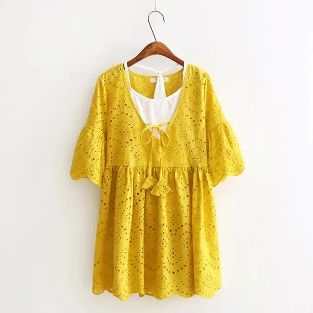 

New Fashion Bohemian Solid Color Hollowed Dress Set Loose Pattern Soft Fabric Leisure Yellow Free Size Women Summer Clothing