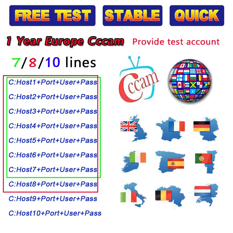 

CCcam Cline for 1 Year 7 8 10 Lines Europe Spain Support Satellite TV Receiver DVB-S2 GTmedia V8 Nova Freesat V7 Ccam Italy