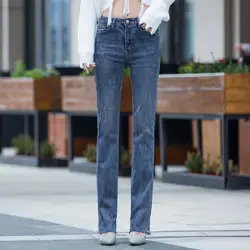 Прямые Штаны для женщин большие размеры повседневные джинсовые Капри женские Высокая талия отверстие хлопок Полная длина брюки женский