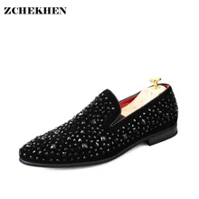 2017 Fashion Roud Toe Rhinestone Diamond Men Loafers Men Dress Shoes Zapatillas Zapatillas Hombre Casual Chaussure Black Shoes