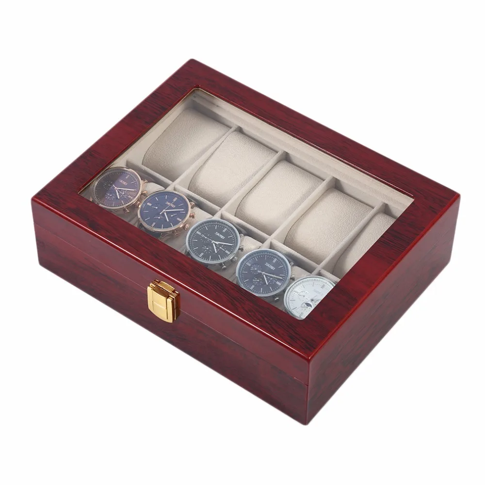 10 сетки деревянные часы коробка Сплошной Красный цвет ювелирные изделия Дисплей Органайзер чехол для часов браслет коробка для хранения Caja Reloj A43