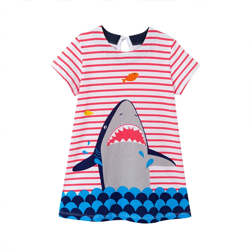 Милое Платье для девочек с акулой, летнее хлопковое платье принцессы с короткими рукавами и принтом для маленьких девочек, повседневный
