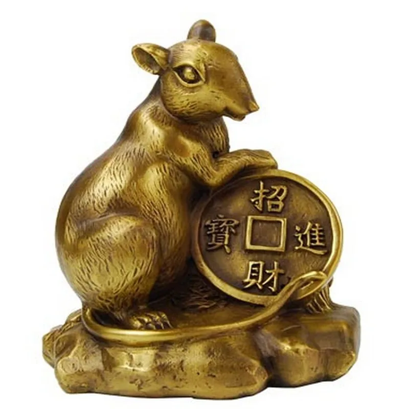 6 cm Pure Bronze Copper Zodiac Animal Rat Mouse Bring Wealth Sack Statue 