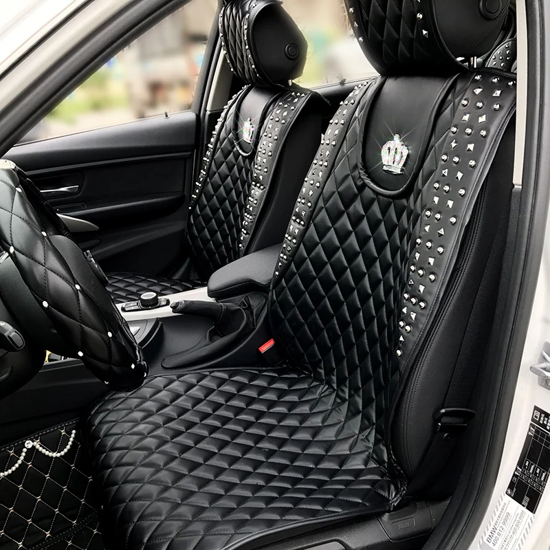

Cool Punk Style Rivets Crown Leather Car Seat Covers Universal Auto Interior Seat Cushion Accessories Full Sets Car Seat Pads