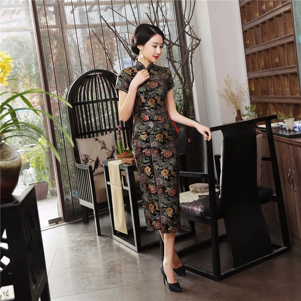 

Shanghai Story Fashionable Qipao national trend chinese traditional dress faux silk long cheongsam chinese dress Qipao 5 color