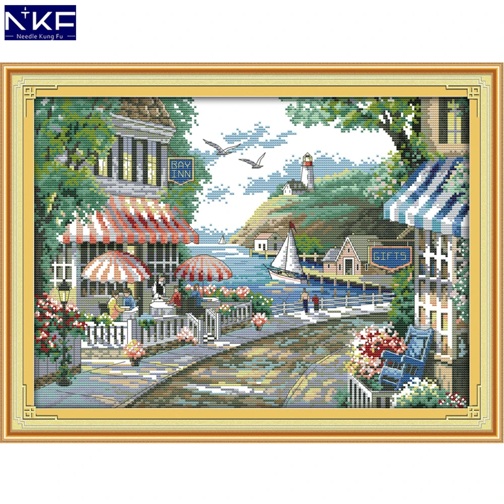 

NKF The Seaside Cafe Stamped Cross Stitch Pattern DIY Kit Needlework Embroidery Set Chinese Cross Stitch for Home Decor