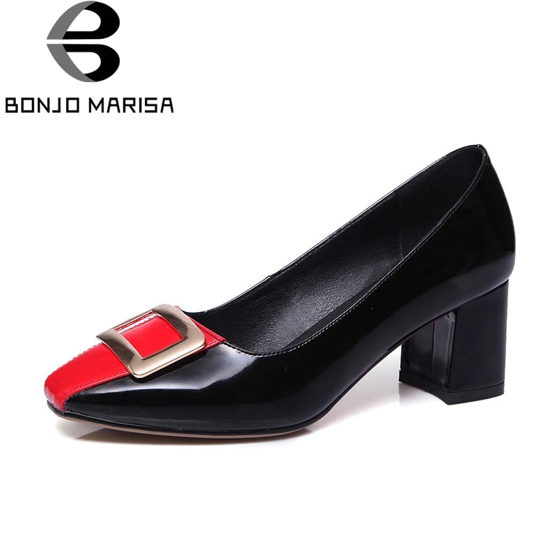 

BONJOMARISA 2018 Spring Autumn New Brand Big Size 32-42 Mixed Color Women Pumps Elegant Buckle Shallow High Heels Ol Shoes Woman