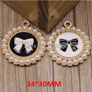 

Newest Trendy metal round shape pearls&bowknot charms pendants alloy drop oil gold-color jewelry making diy necklace decoration