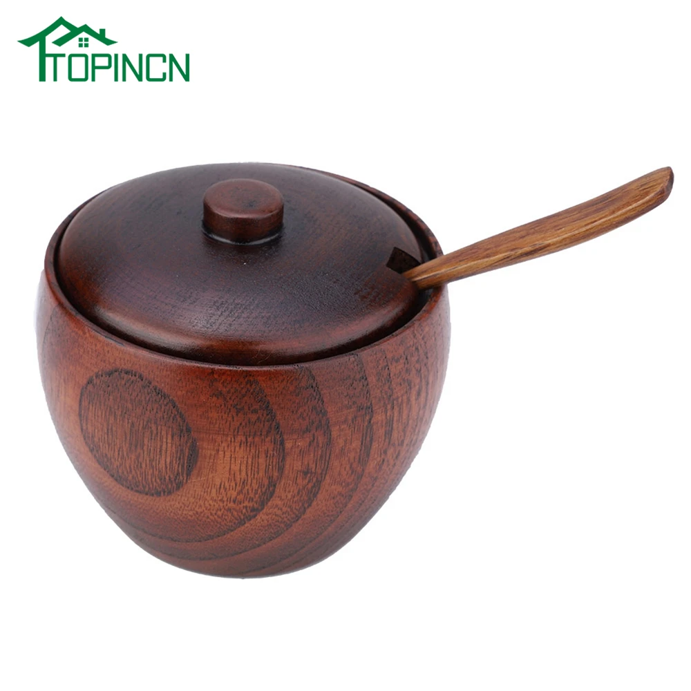 

TOPINCN Solid Wood Spice Jar Seasoning Pot Sugar Bowl with Spoon and Lid for Kitchen Tool