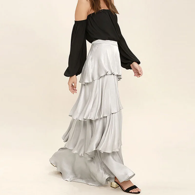 2017 Silver Ruffles Long Taffeta Tiered Skirts For Women Ruched Fllr