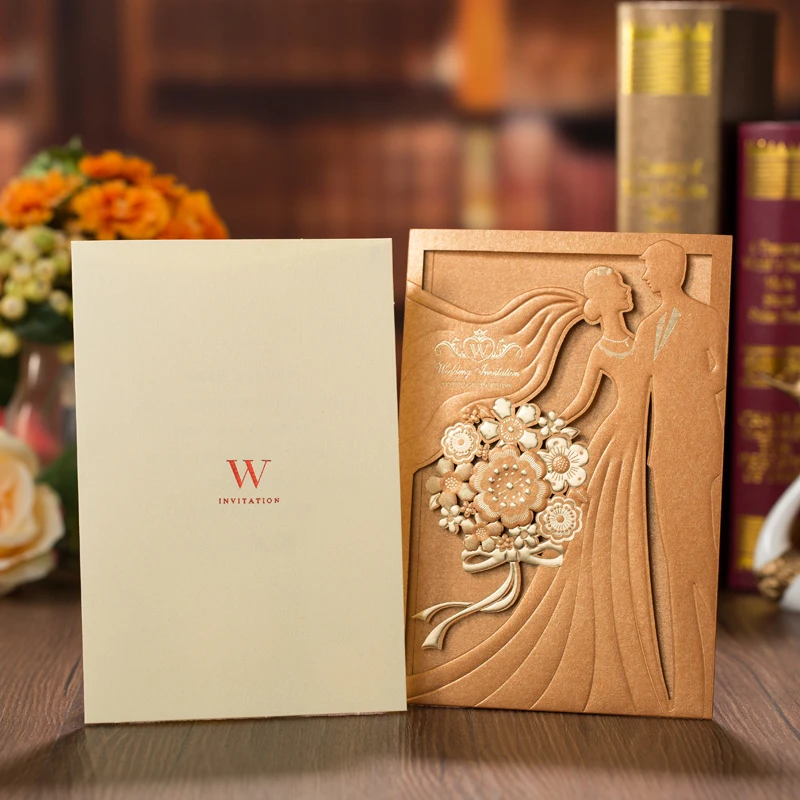  50pcs Red Gold Laser Cut Bride And Groom Wedding Invitations Card Greeting Cards Customization Wedd - 32883987874