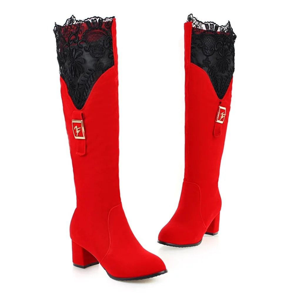 

PQECFS Big size 31-43 high quality spring & autumn & winter women solid lace flock metal decoration knee-high boots 2 colors