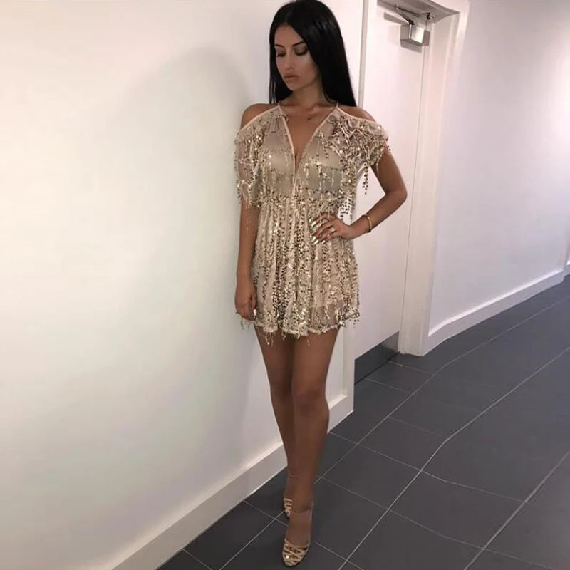 

Women Gold sequin Playsuits 2017 Sexy party club Tassel sequined jumpsuits one piece outfits playsuit short Overalls 3 colors